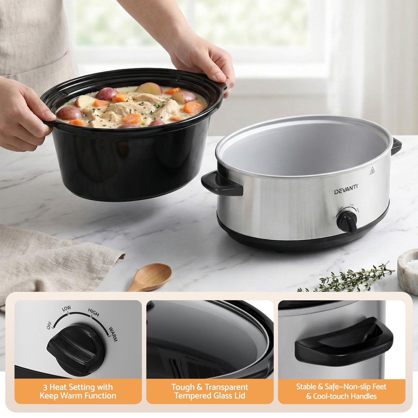 Devanti 6.5L Slow Cooker Electric Multi Cooker with 3 Heat Settings and Keep Warm Function.