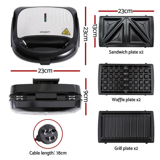Devanti 3-in-1 Sandwich Press Waffle Maker Panini Press Grill 850W.