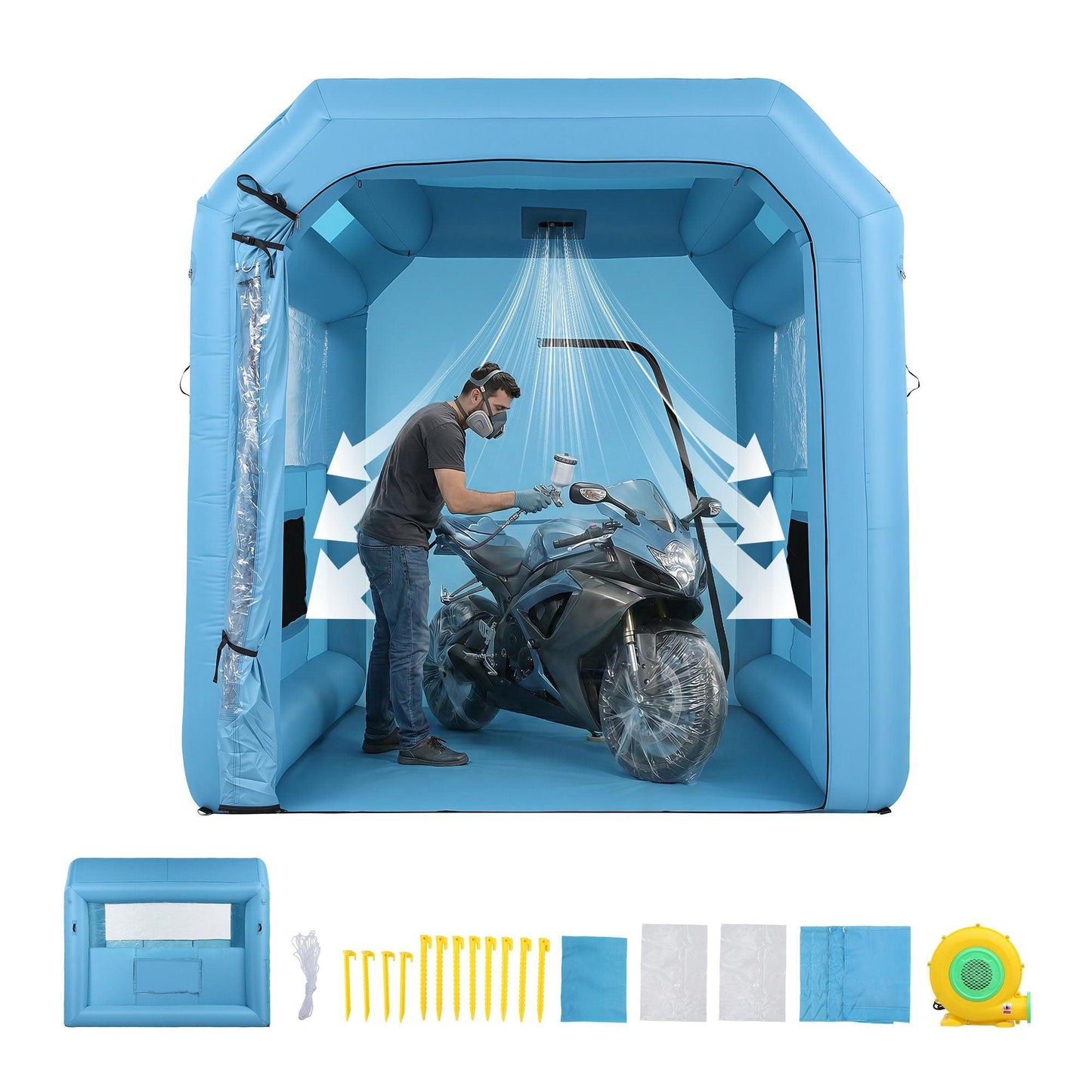 Giantz Inflatable Paint Booth 2.5X2.5X3M Inflatable Spray Booth with 550W Powerful Blower and Air Filter System, Round Roof with Light Hook, for Painting Bicycle, Motorcycle, Furniture Refinishing DIY.