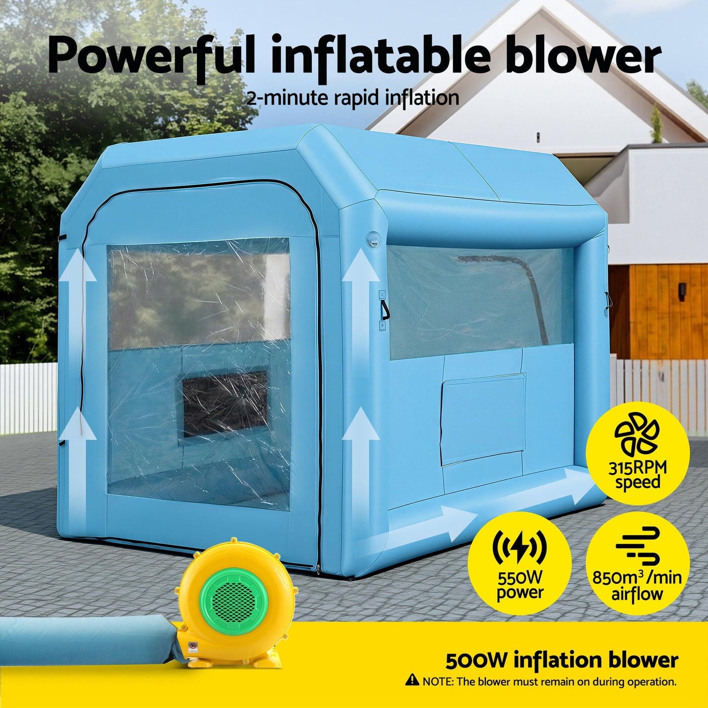 Giantz Inflatable Paint Booth 2.5X2.5X3M Inflatable Spray Booth with 550W Powerful Blower and Air Filter System, Round Roof with Light Hook, for Painting Bicycle, Motorcycle, Furniture Refinishing DIY.