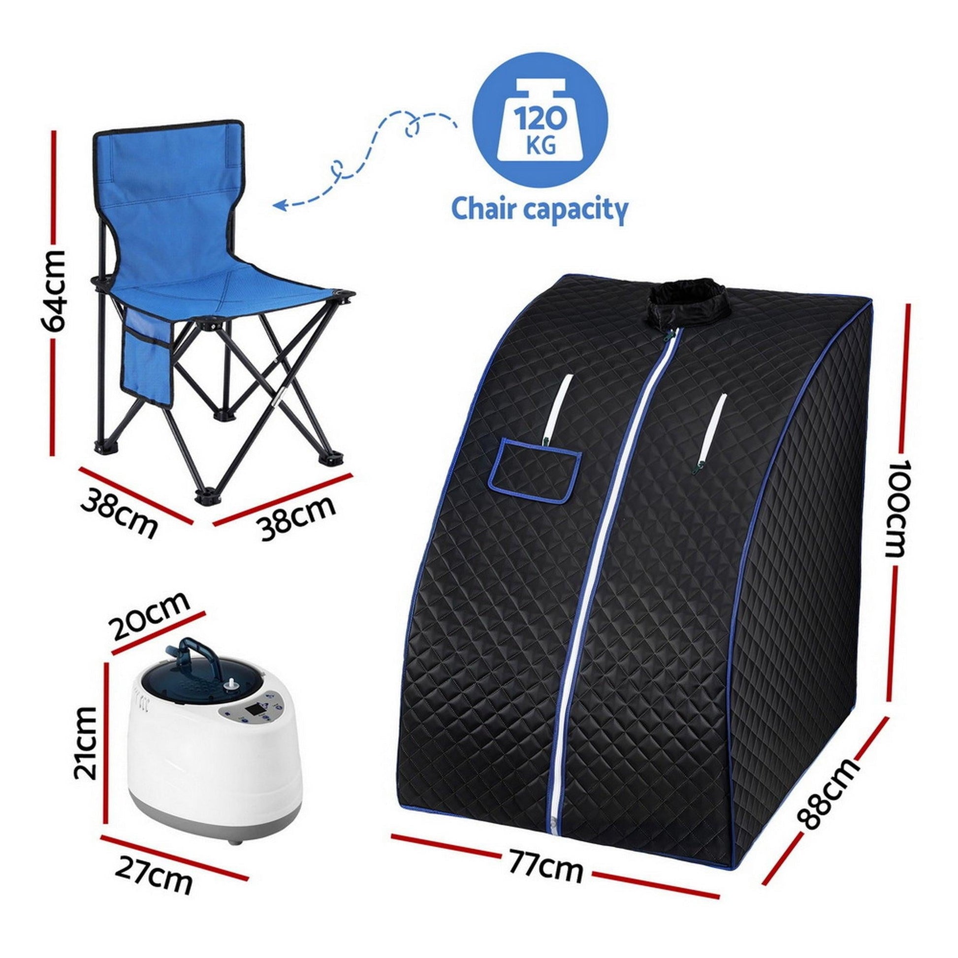 Devanti Portable Steam Sauna Tent 1000W 2L Steamer Pot Personal Home SPA Timer.
