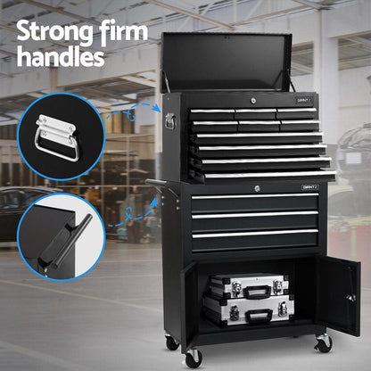 Giantz 13 Drawer Tool Box Cabinet Chest Toolbox Storage Garage Organiser Black.