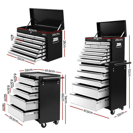Giantz 15 Drawers Tool Chest Trolley Toolbox 2-in-1 Storage Black& Grey.