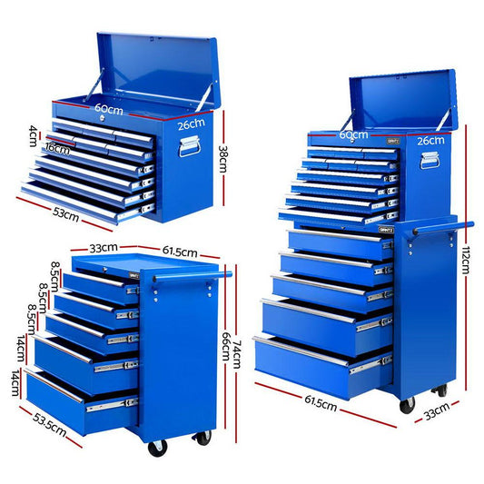 Giantz 15 Drawers Tool Chest Trolley Toolbox 2-in-1 Storage Blue.