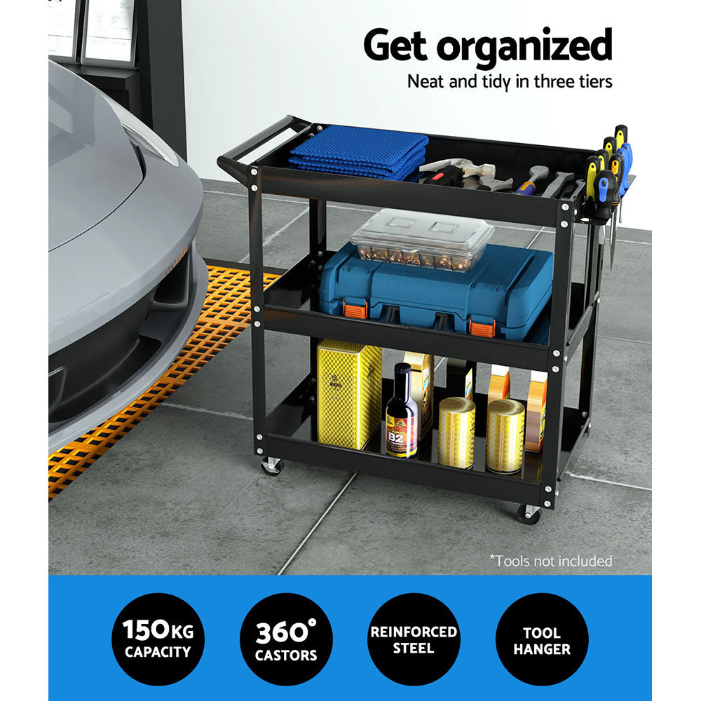 Giantz 3-Tier Tool Cart Trolley Workshop Garage Storage Organizer Black.