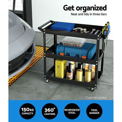 Giantz 3-Tier Tool Cart Trolley Workshop Garage Storage Organizer Black.