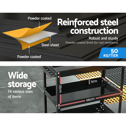 Giantz 3-Tier Tool Cart Trolley Workshop Garage Storage Organizer Black.