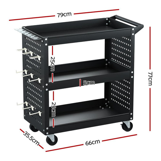Giantz 3-Tier Tool Cart Storage Trolley Workshop Garage Pegboard Hooks Black.