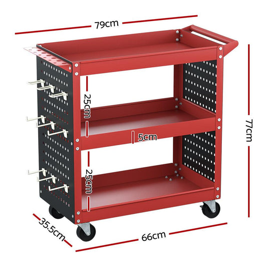 Giantz 3-Tier Tool Cart Storage Trolley Workshop Garage Pegboard Hooks Red.