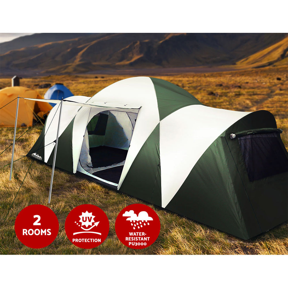 Weisshorn Family Camping Tent 12 Person Hiking Beach Tents (3 Rooms) Green.