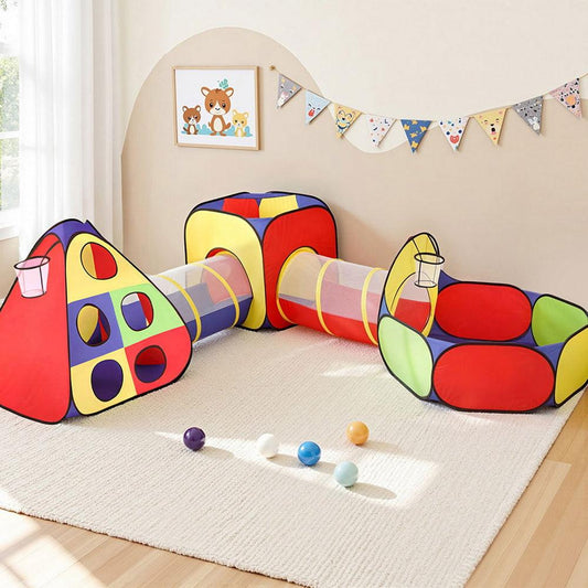 Keezi Kids Play Tent Pop Up Teepee Playhouse Ball Pit Crawl Tunnel Basketball Hoop.