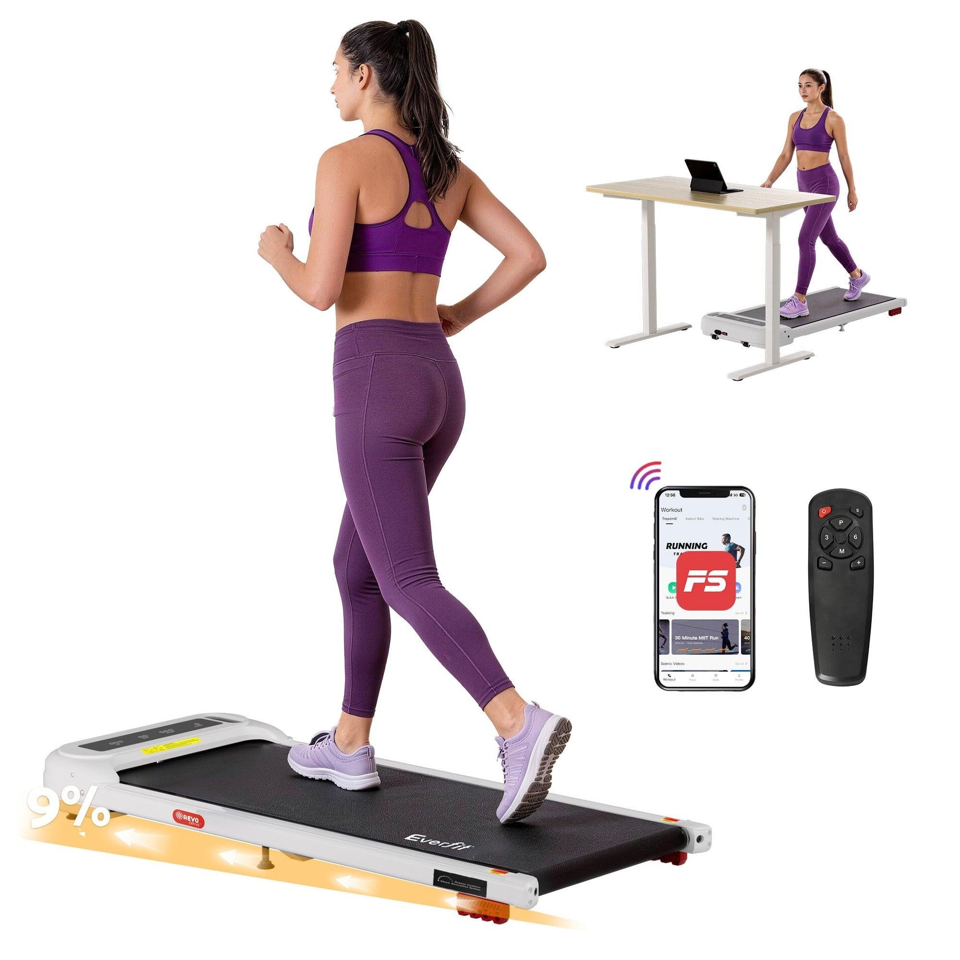 Everfit Treadmill Electric Walking Pad with Incline Under Desk Home Gym White.