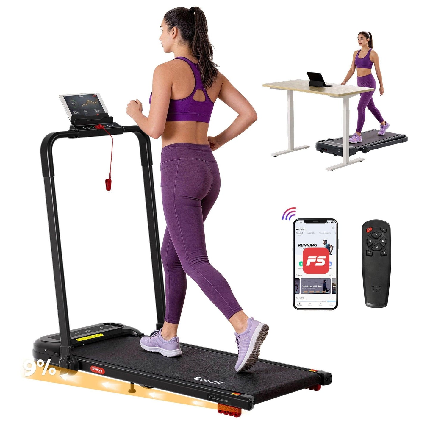 Everfit Treadmill Electric Walking Pad with Incline Foldable for Home Gym Black.