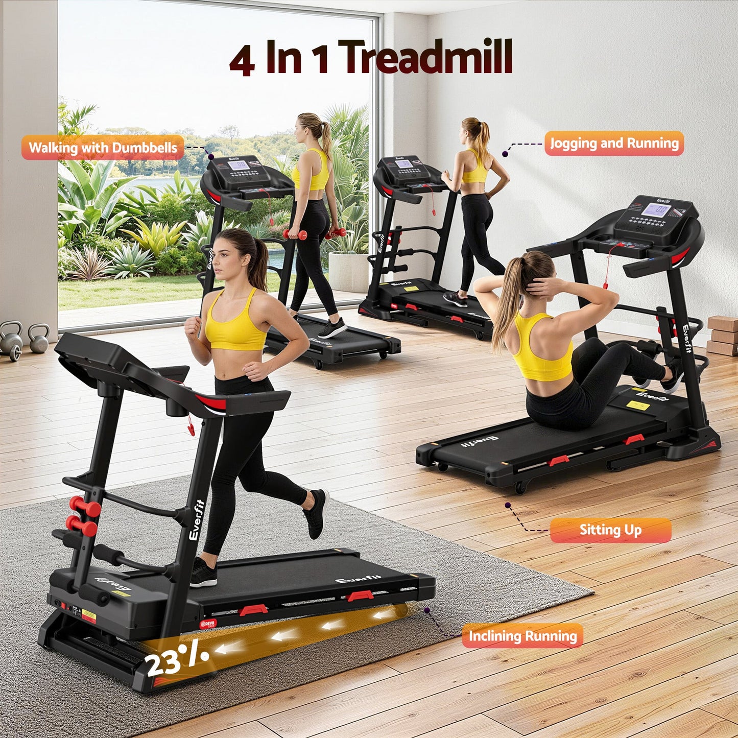 Everfit Treadmill Electric Home Gym Fitness Exercise Machine w/ Sit Up Bar 450mm.