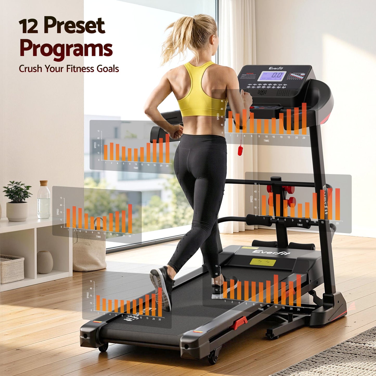 Everfit Treadmill Electric Home Gym Fitness Exercise Machine w/ Sit Up Bar 450mm.