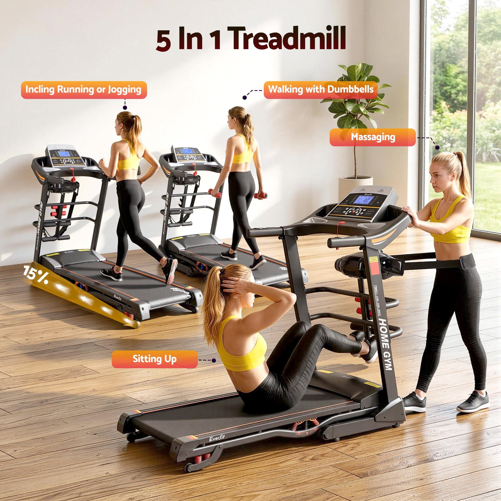 Everfit Treadmill Electric Home Gym Fitness Exercise Machine w/ Massager 480mm.