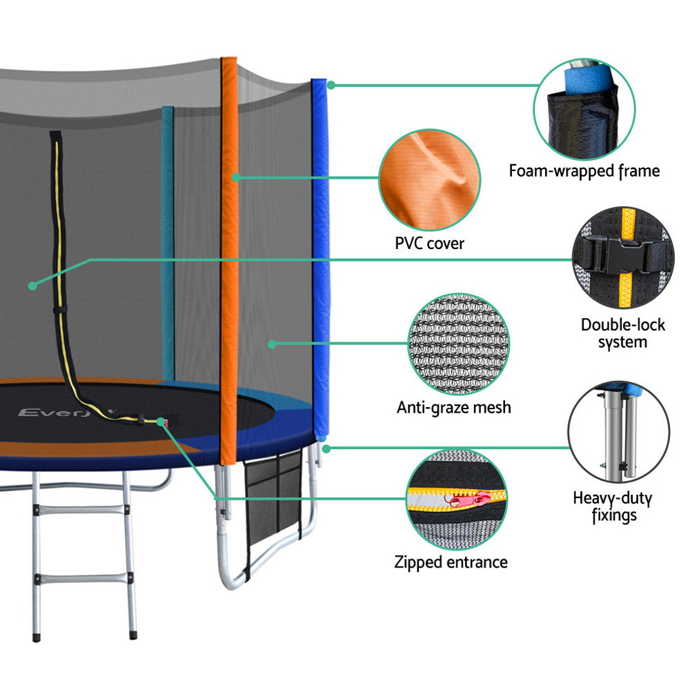 Everfit 8FT Trampoline for Kids w/ Ladder Enclosure Safety Net Pad Gift Round.