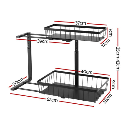 Artiss Under Sink Organizer Storage with 2 Slide Out Drawers 5 Adjustable Height Bathroom Kitchen Cabinet Black