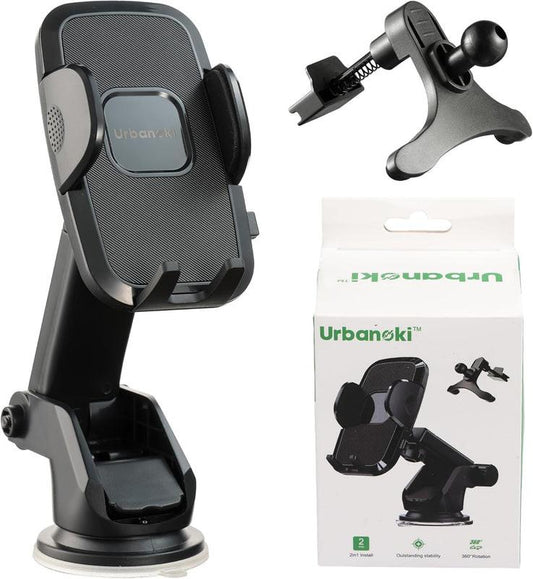 Urbanoki 4 in 1 Car Phone Holder Dashboard Windshield Vent Mount for All Phones - Black.