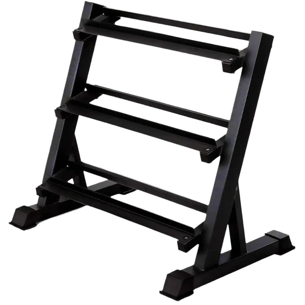 Curve Fitness Three-Tier Dumbbell Rack (110cm wide).
