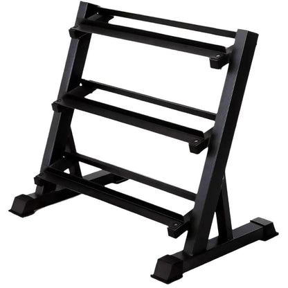 Curve Fitness Three-Tier Dumbbell Rack (110cm wide).