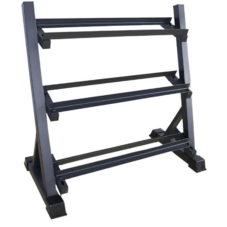 Curve Fitness Three-Tier Dumbbell Rack (110cm wide).