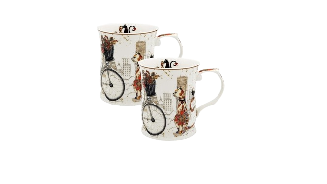 Fine Bone China Cat Couple Mug Set (415ml, Embossed) – Gift‑Ready