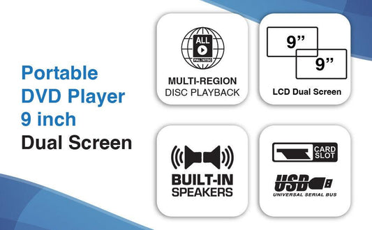 Laser 9 Inch Dual Screen DVD Player Black.