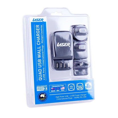 Laser 4-Port USB Travel Charger with Global Adapters.