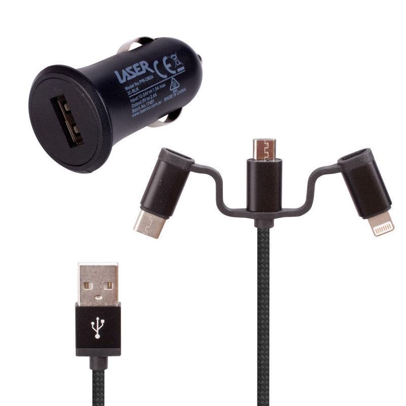 Laser USB Car Charger Black with 3-in-1 Cable: Micro USB, Type-C.