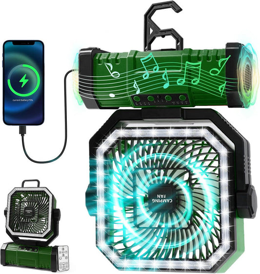 20000mAh Portable Camping Fan, Rechargeable Battery Operated Oscillating Camp Tent Fan W/Remote control, 4 Speeds, LED lights & 360Â° Rotation Hook for Outdoor RV Travel Green.
