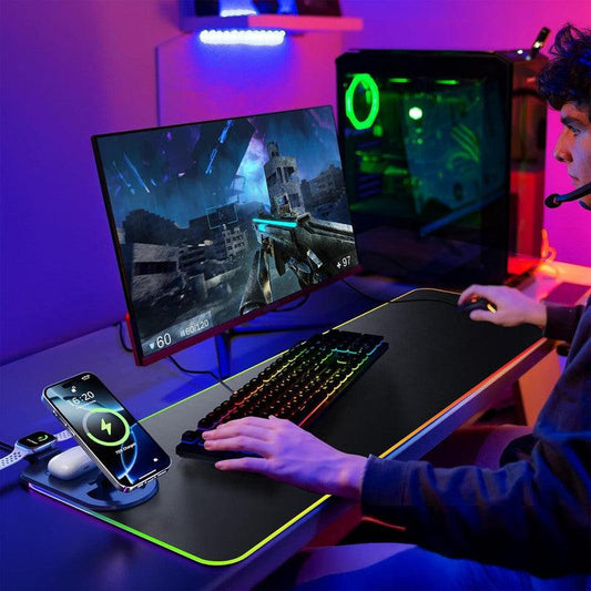 Wireless Charging Mouse Pad 15W RGB Gaming Mousepad Waterproof Desk Mat with Phone Holder 35.4''x11.8'' Extra Large Desk Pad Non-Slip Base Computer Keyboard Mat for PC Laptop, Black.