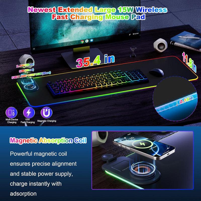 Wireless Charging Mouse Pad 15W RGB Gaming Mousepad Waterproof Desk Mat with Phone Holder 35.4''x11.8'' Extra Large Desk Pad Non-Slip Base Computer Keyboard Mat for PC Laptop, Blue.
