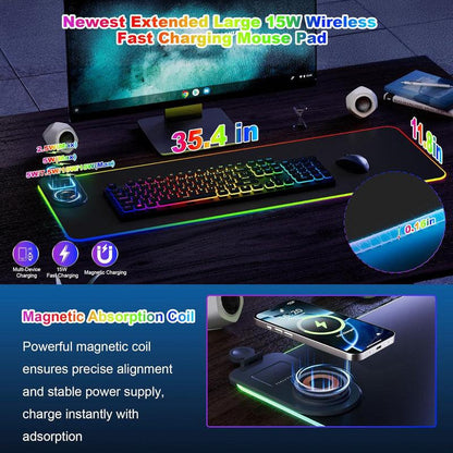 Wireless Charging Mouse Pad 15W RGB Gaming Mousepad Waterproof Desk Mat with Phone Holder 35.4''x11.8'' Extra Large Desk Pad Non-Slip Base Computer Keyboard Mat for PC Laptop, White.