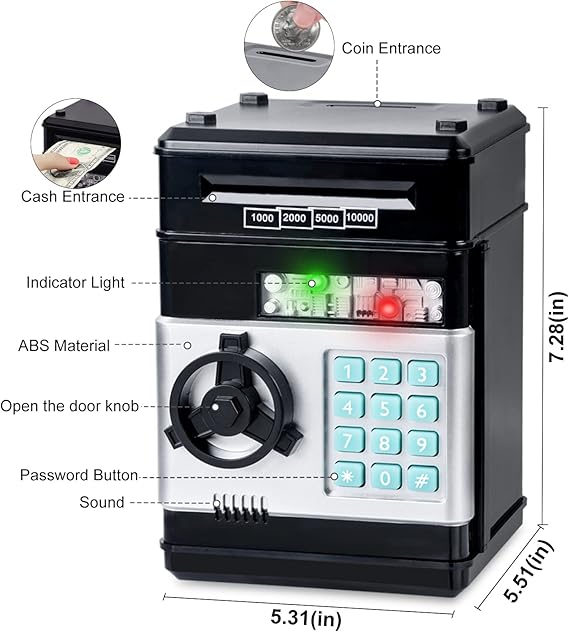 Toys for Kids Ages 5-7, 8-10, Electronic ATM Password Cash Coin Can Auto Scroll Paper Money Saving Box Toys for 6 7 8 9 10 11 12 Year Old Girl Christmas Birthday Gifts black.