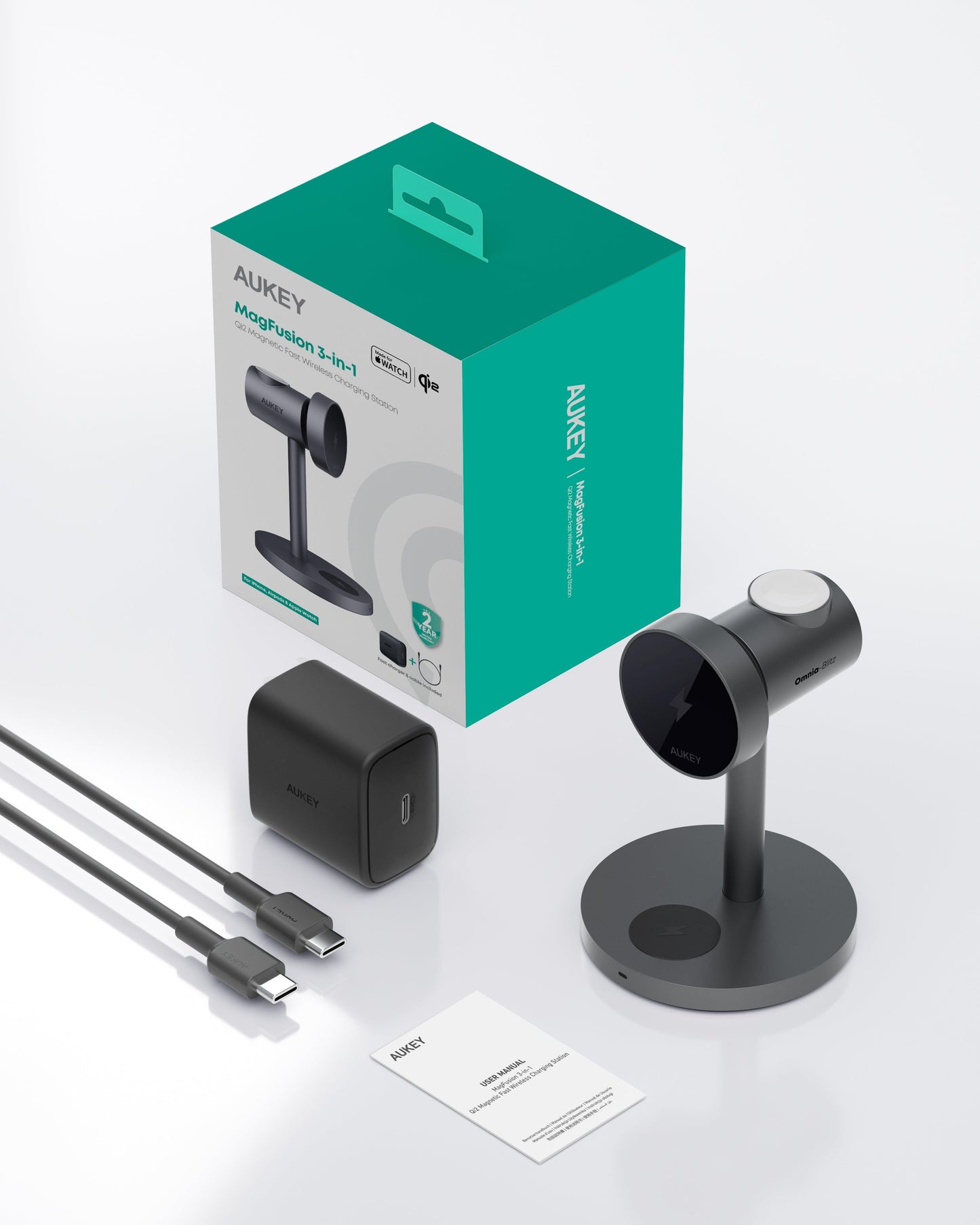 Aukey MagFusion 3-in-1 Qi2 Magnetic Fast Wireless Charging Station (LC-MC311).