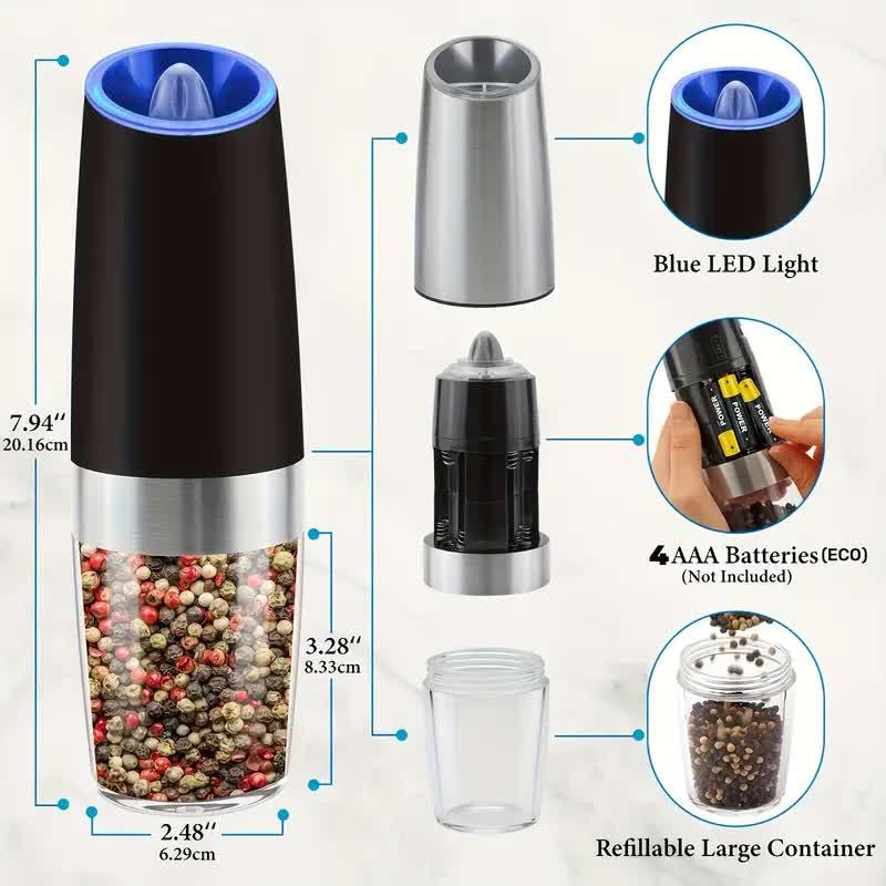Gravity Electric Salt and Pepper Grinder Set, Battery Powered LED Light One Hand Automatic Operation, Adjustable Coarseness Mill Grinders Shakers Black, Kitchen Gadgets Gift Ideas.