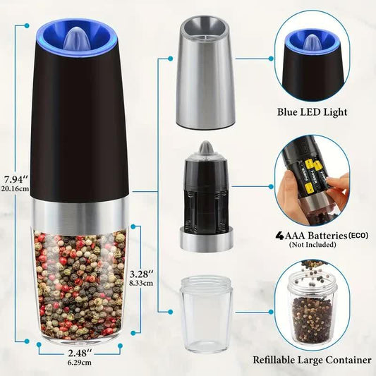 Gravity Electric Salt and Pepper Grinder Set, Battery Powered LED Light One Hand Automatic Operation, Adjustable Coarseness Mill Grinders Shakers Black, Kitchen Gadgets Gift Ideas.