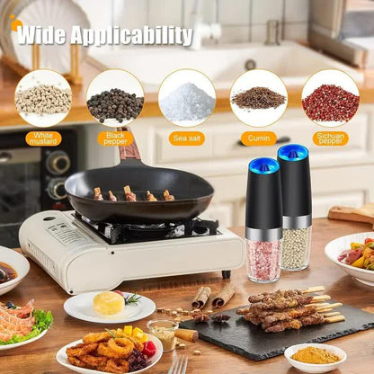 Gravity Electric Salt and Pepper Grinder Set, Battery Powered LED Light One Hand Automatic Operation, Adjustable Coarseness Mill Grinders Shakers Black, Kitchen Gadgets Gift Ideas.