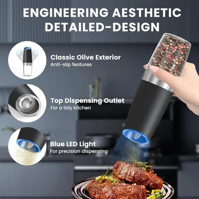 Gravity Electric Salt and Pepper Grinder Set, Battery Powered LED Light One Hand Automatic Operation, Adjustable Coarseness Mill Grinders Shakers Black, Kitchen Gadgets Gift Ideas.