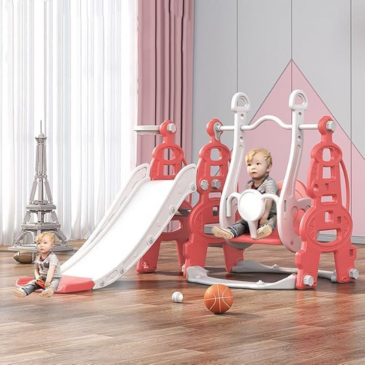 Kids Slide Swing Set Outdoor Toys Playground Activity Basketball Hoop-Pink.