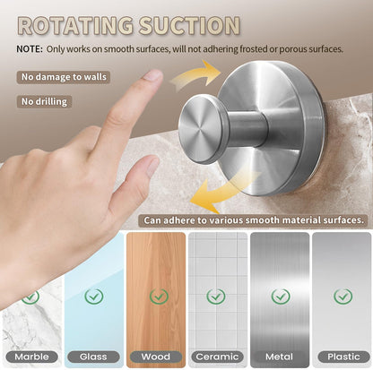 2026 Upgraded Drill-Free Suction Cup Hooks, Stainless Steel Suction Cup Hooks for Shower, Mirror, Wall, Bathroom, Glass, Hanging Towels - 4 Pack, Bright Silver