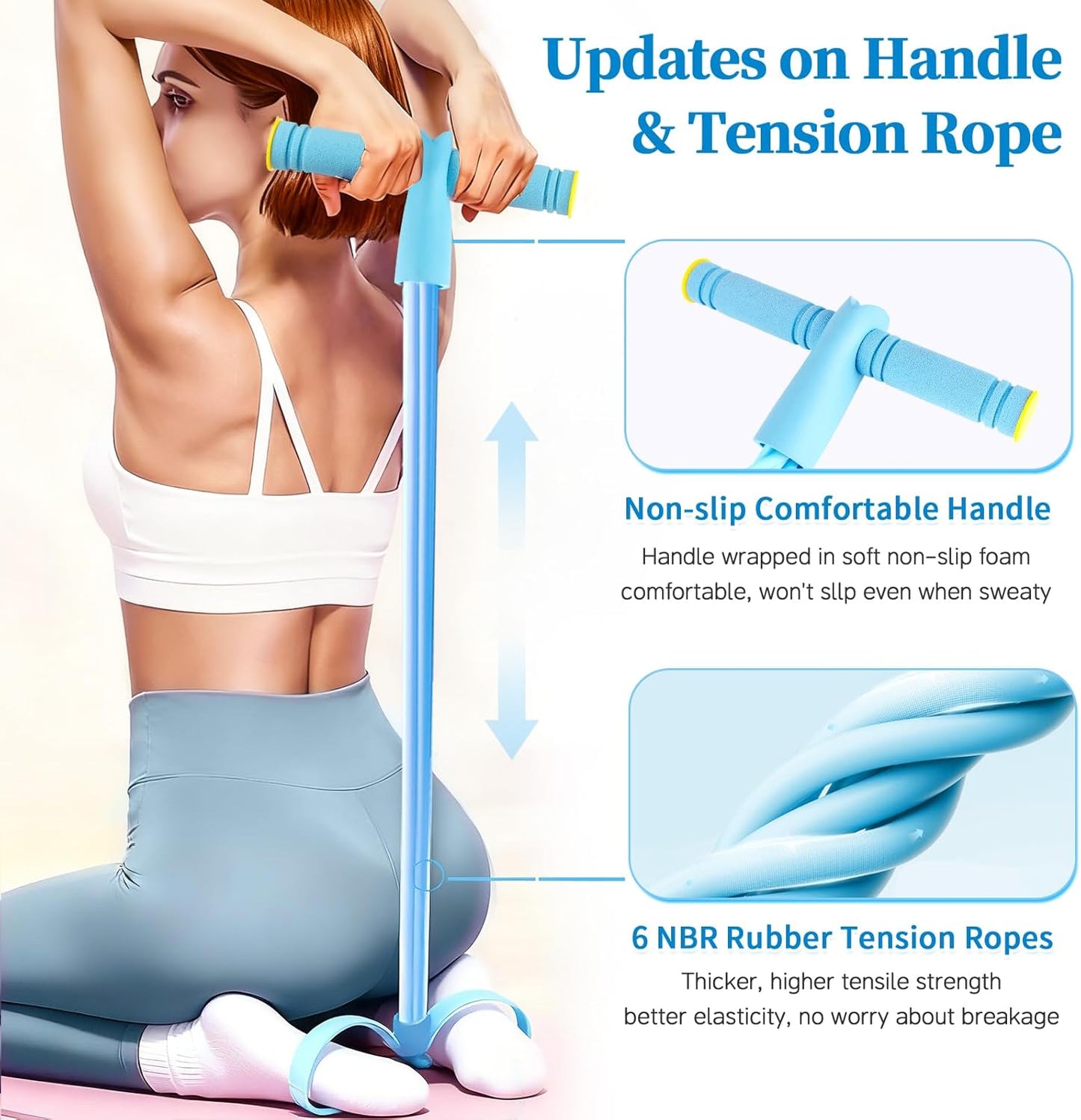 Pedal Resistance Bands with Handles, Upgrade 6-Tubes Manual Tension Training Pedal, Natural Rubber Foot Pedal Resistance Bands, Multifunction Fitness Bands for Abdomen, Waist, Arm, Leg（Blue）