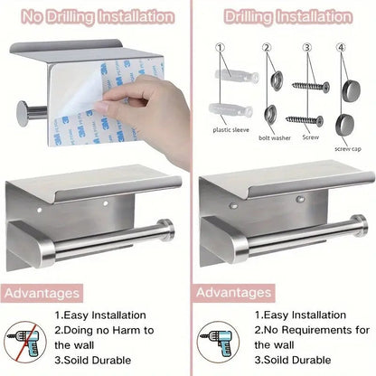 1pc Toilet Paper Holder with Shelf, Bathroom Tissue Storage Rack, Wall-Mounted Paper Towel Dispenser, Stainless Steel Bathroom Paper Holder, Bathroom Accessory(Black)