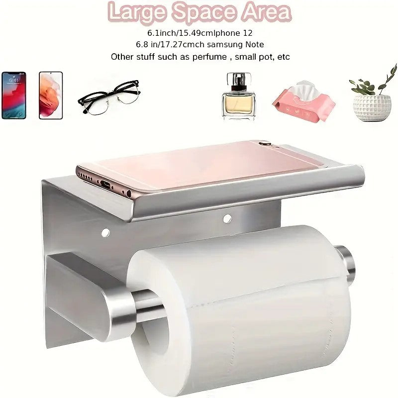 1pc Toilet Paper Holder with Shelf, Bathroom Tissue Storage Rack, Wall-Mounted Paper Towel Dispenser, Stainless Steel Bathroom Paper Holder, Bathroom Accessory(Black)