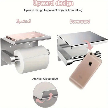 1pc Toilet Paper Holder with Shelf, Bathroom Tissue Storage Rack, Wall-Mounted Paper Towel Dispenser, Stainless Steel Bathroom Paper Holder, Bathroom Accessory(Black)