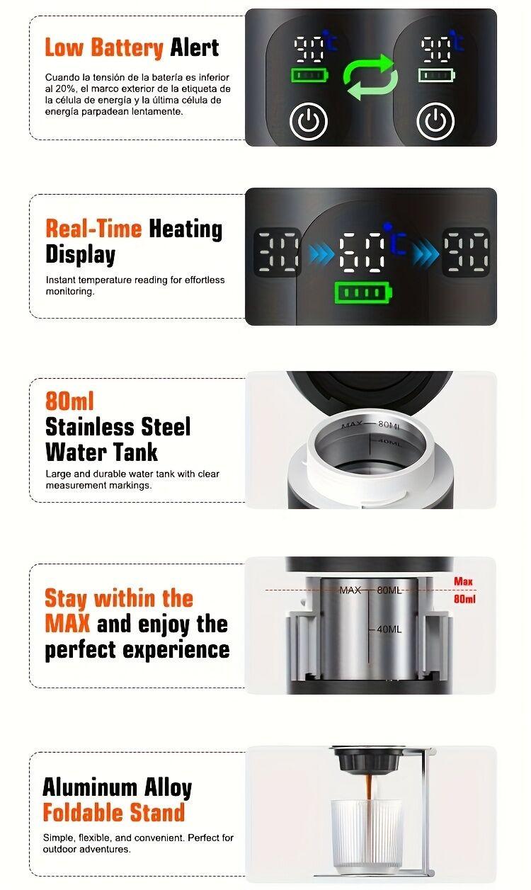 (grey )Upgraded Portable Coffee Maker with Temperature and Power Display, USB-C Charging, Self-Heating & Cold Brew Functions, Compatible with Coffee Capsules/Ground Coffee. Perfect Espresso Machine for Home, Office, Travel, RV, and Camping. Ideal for Offi.