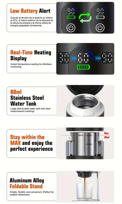 (grey )Upgraded Portable Coffee Maker with Temperature and Power Display, USB-C Charging, Self-Heating & Cold Brew Functions, Compatible with Coffee Capsules/Ground Coffee. Perfect Espresso Machine for Home, Office, Travel, RV, and Camping. Ideal for Offi.
