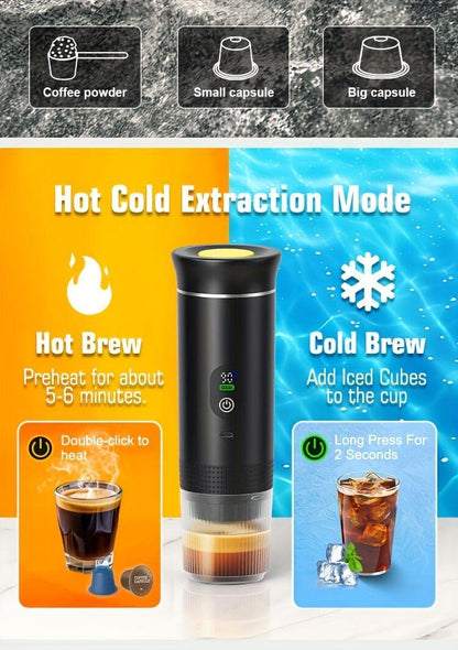 (grey )Upgraded Portable Coffee Maker with Temperature and Power Display, USB-C Charging, Self-Heating & Cold Brew Functions, Compatible with Coffee Capsules/Ground Coffee. Perfect Espresso Machine for Home, Office, Travel, RV, and Camping. Ideal for Offi.