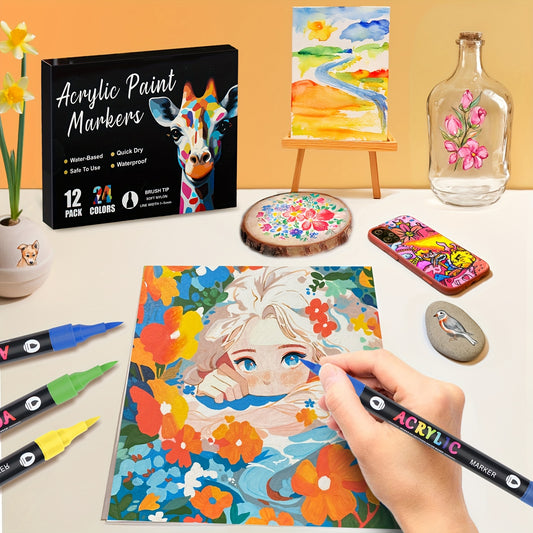12-Pack Dual-Tip Acrylic Paint Markers, 24 Colors   Double brush tips, dual-color acrylic paint pens   Suitable for use on various surfaces by adults:   stone, wood, rock, canvas, plastic, glass, ceramic, and more.